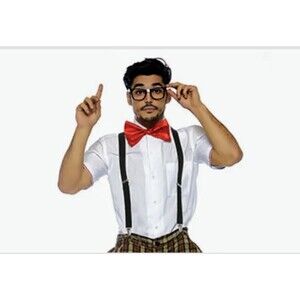 New Halloween Costume Nerd Dork Geek Glasses Black Suspenders Red Bow Tie